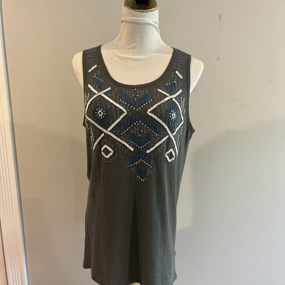 NWT EXPRESS MEDIUM GRAY BEADED BLING AZTEC TRIBAL GEOMETRIC BLUE SEQUIN TANK TOP